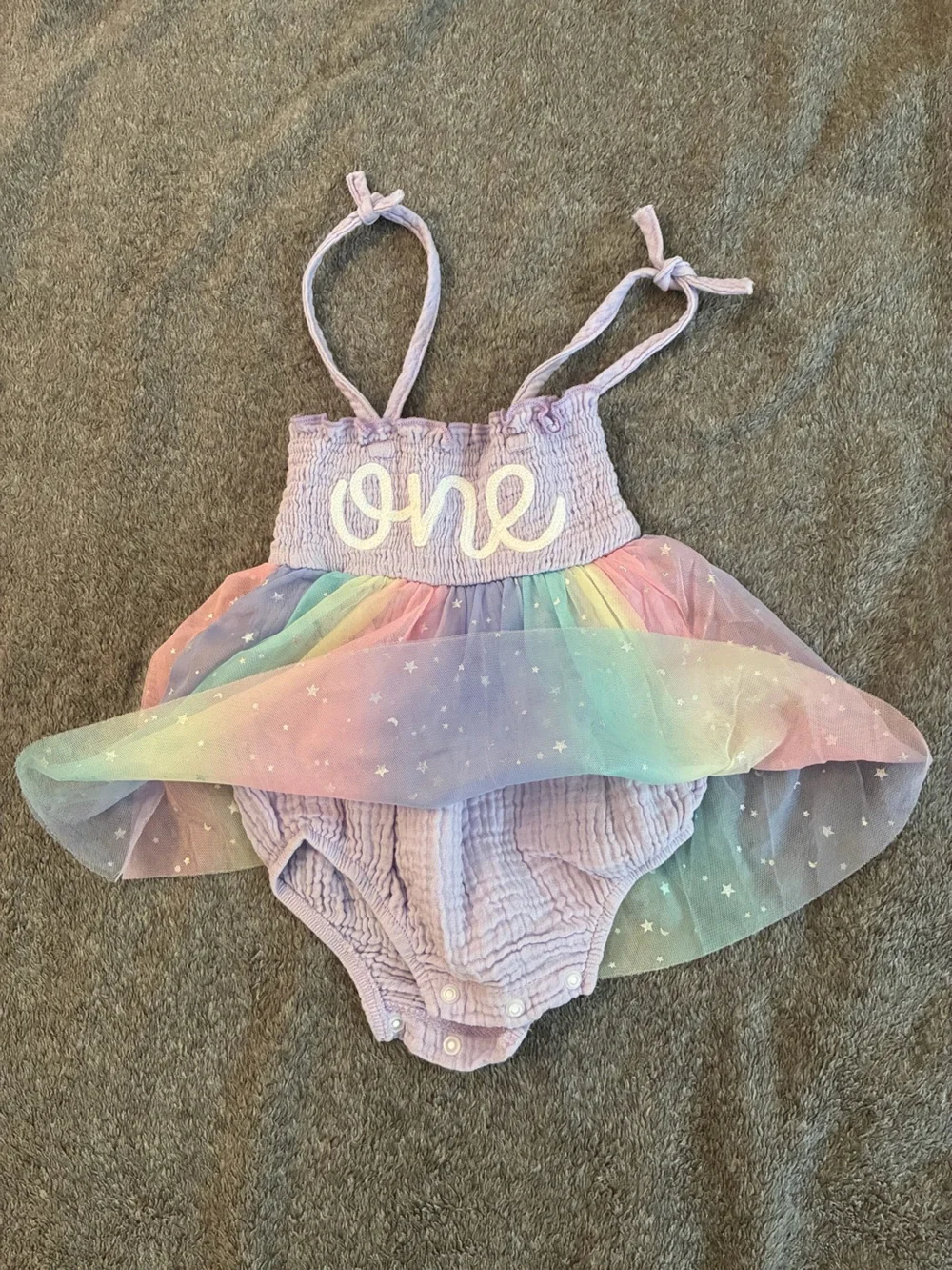 Girls Pastel Rainbow Tulle Dress with Star Print